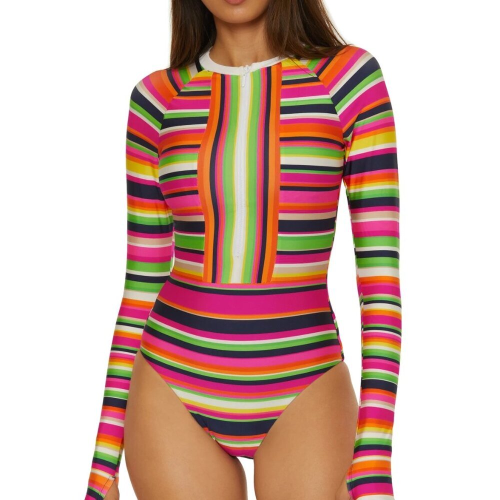 NWT Trina Turk Stripe Splash Long Sleeve Surfsuit Paddle Suit One Piece Swimsuit